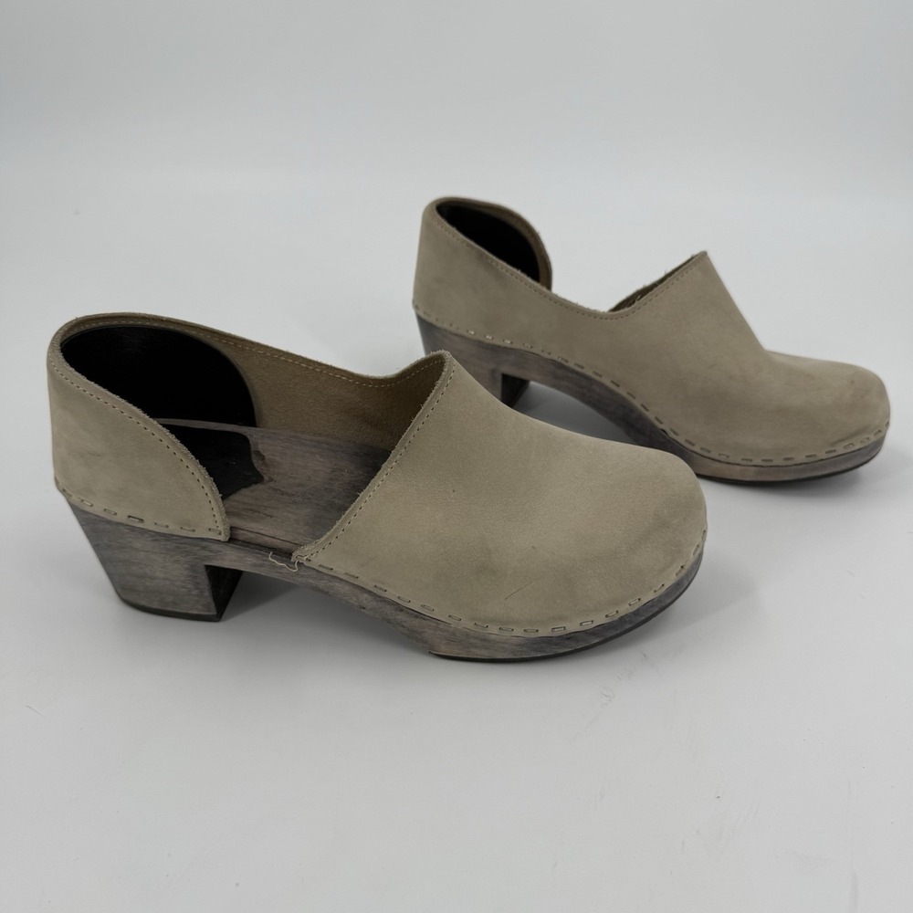 Sandgrens Womens EU 40 US 9 Tan Nubuck Leather Wooden Clogs Heels Sweden